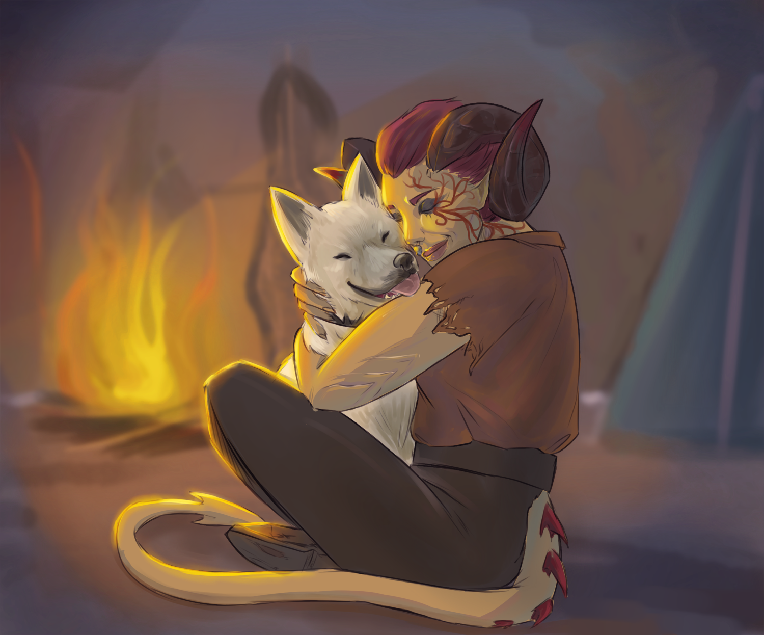 Tiefling hugging a dog